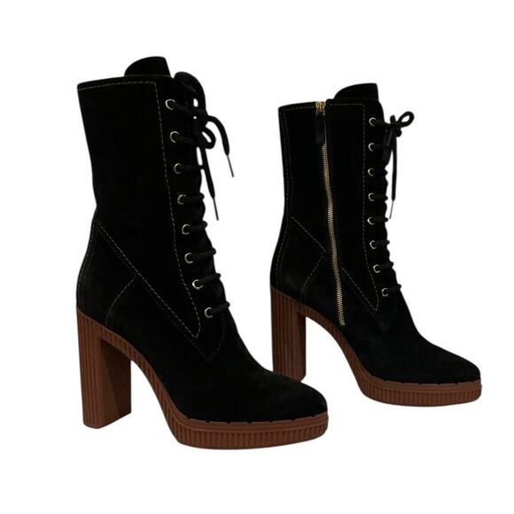 Tod’s Gomma Lace-Up Suede Heeled Bootie Black Ribbed Heel Size 40 Italy 10 US - Picture 3 of 15